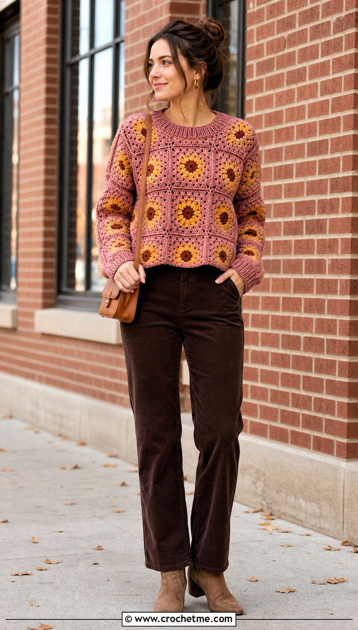 Sunflower Granny Square Sweater With Corduroy Pants - 35 Crochet Square Sweater outfit ideas