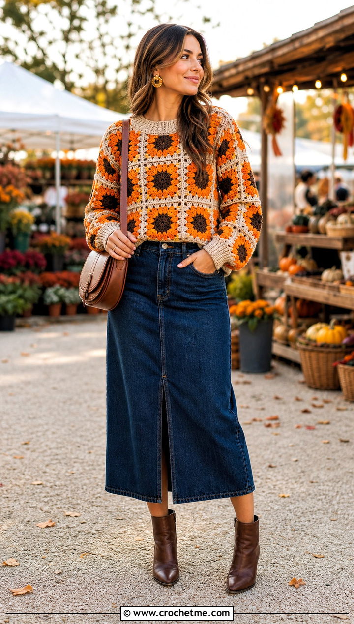 Sunflower Granny Square Sweater With Denim Midi Skirt - 25 Granny Squares Sweater outfit ideas
