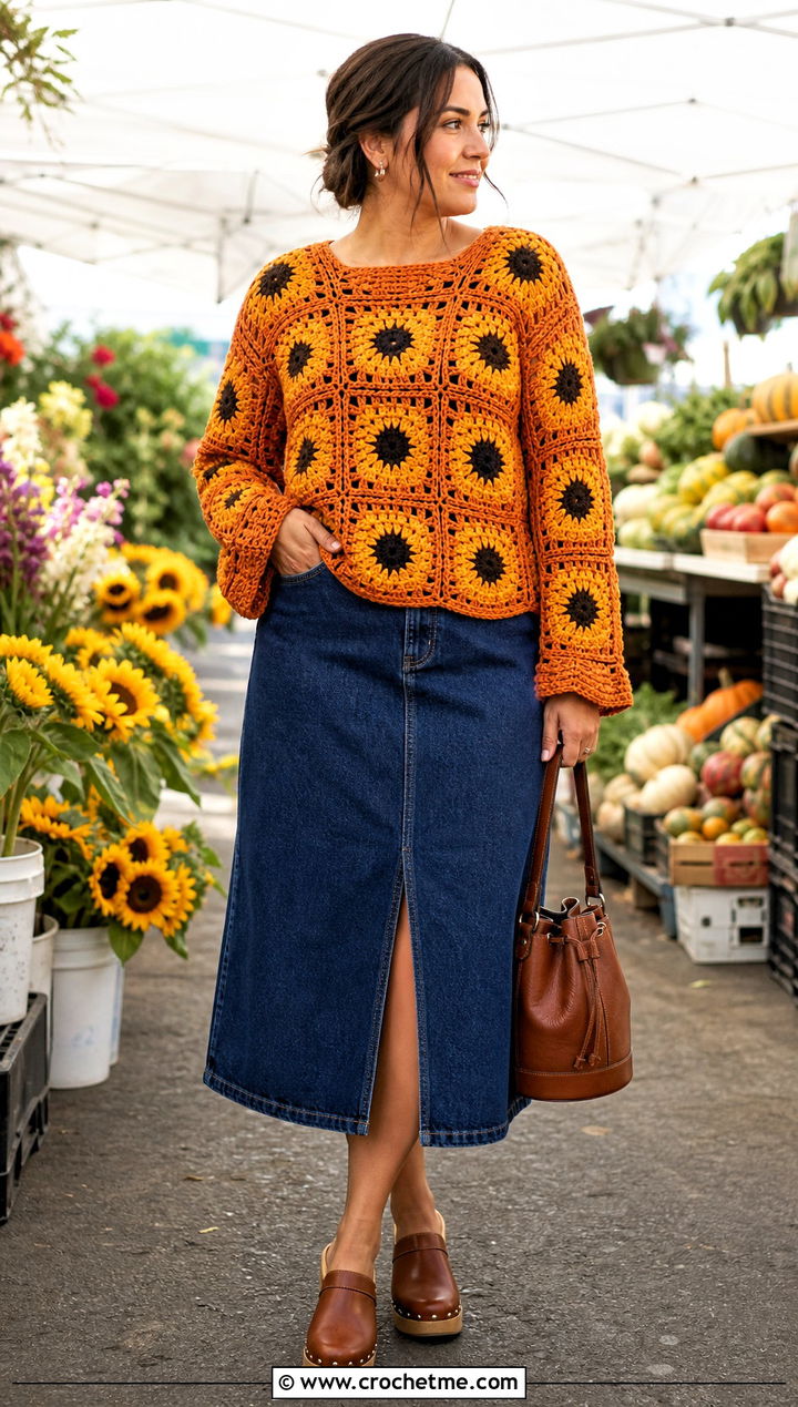 Sunflower Granny Square Sweater With Denim Midi Skirt - 30 flower crochet sweater outfit ideas