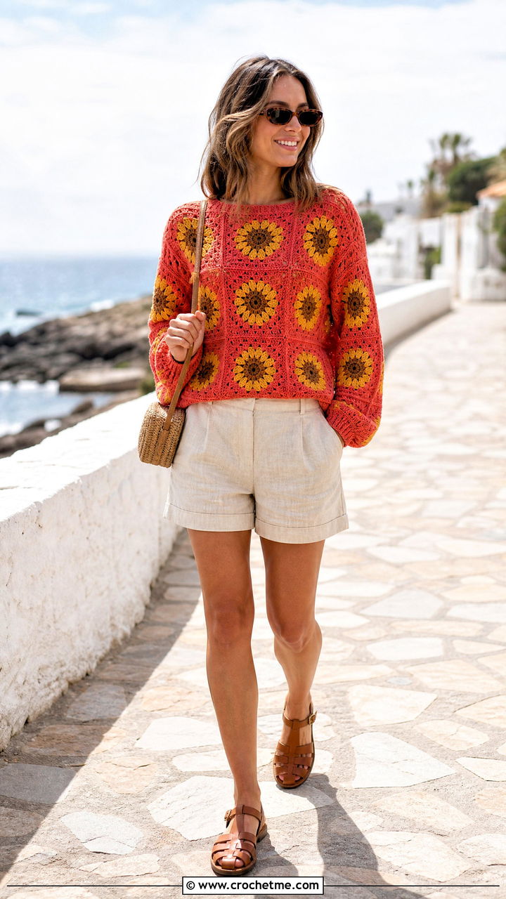 Sunflower Granny Square Sweater With Linen Shorts - 35 crochet granny square sweater outfit ideas