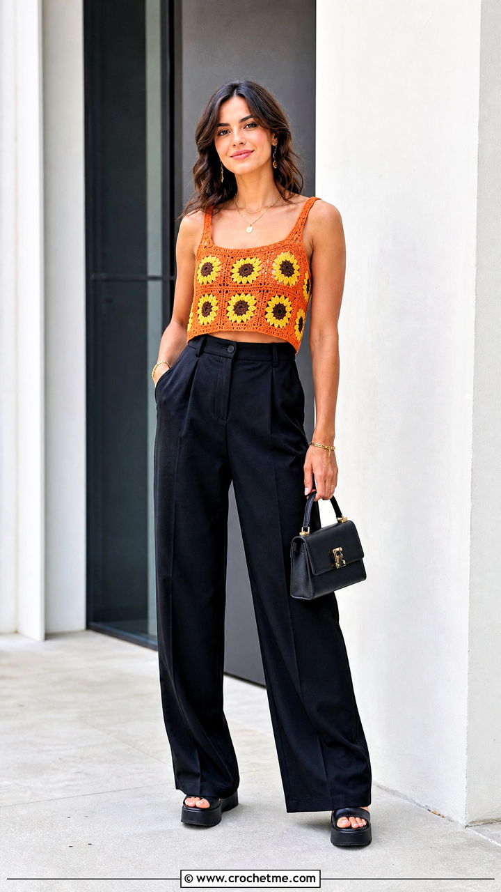 Sunflower Granny Square Tank Top With Black Wide Leg Pants - 35 granny square tank top outfit ideas