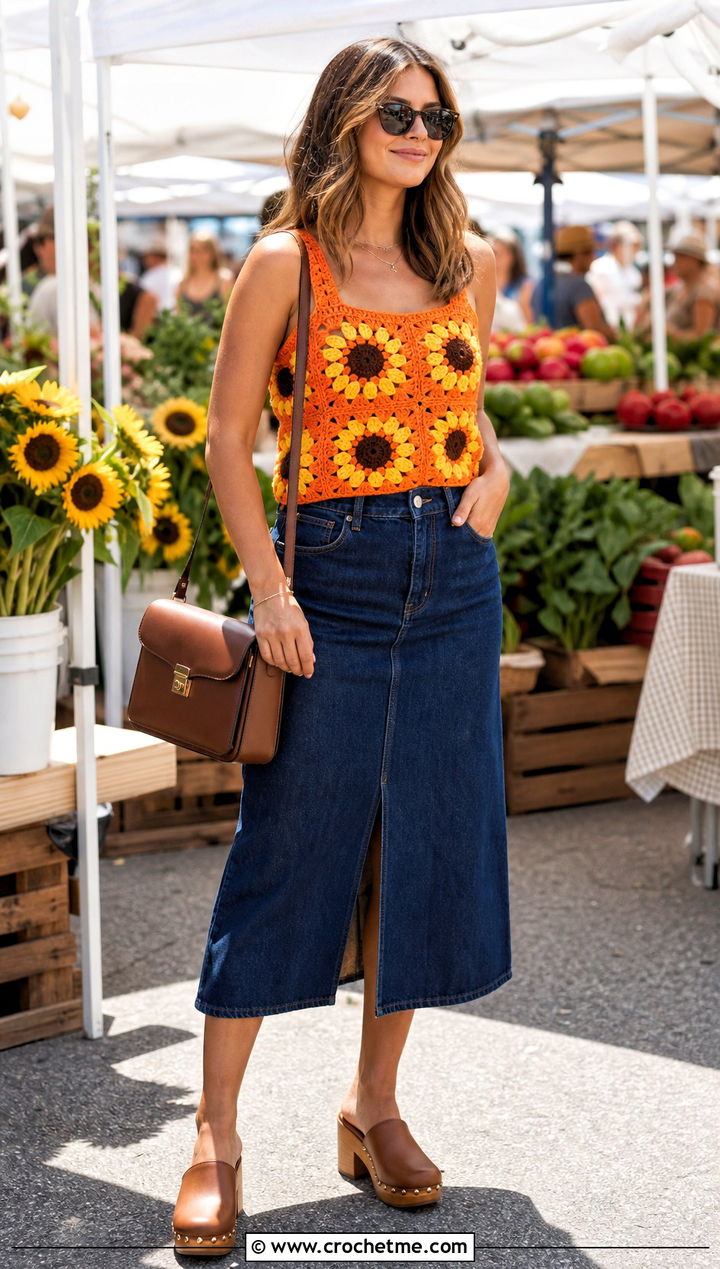 Sunflower Granny Square Tank Top With Denim Midi Skirt - 25 Crochet Granny Square Tank Top outfit ideas