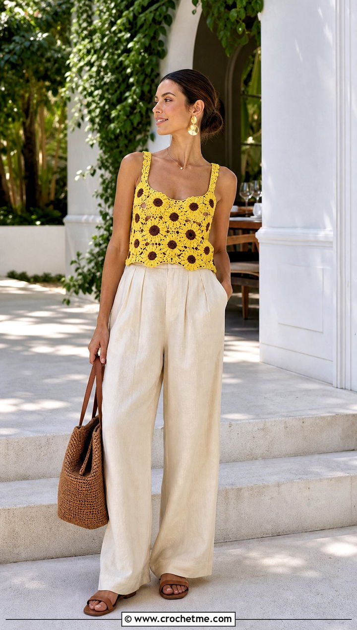 Sunflower Granny Square Tank Top With Linen Trousers - 25 Crochet Square Tank Top outfit ideas