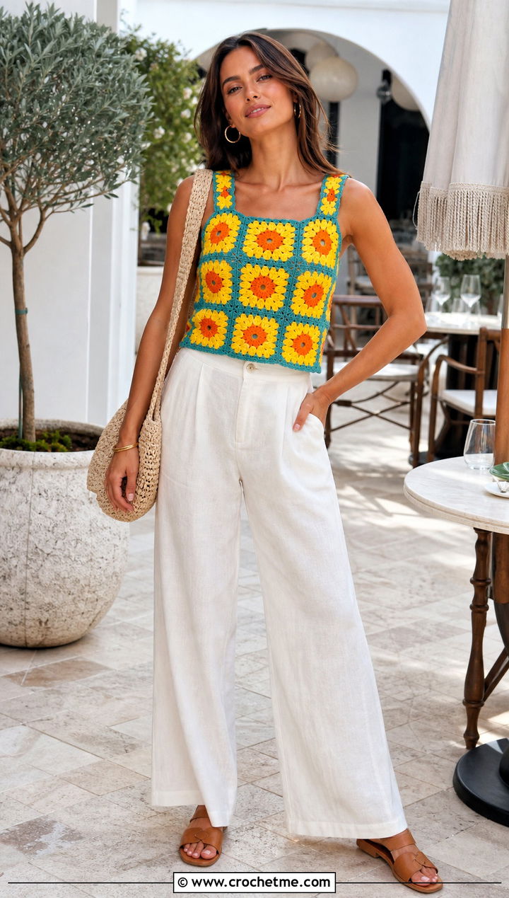 Sunflower Granny Square Tank Top With Linen Trousers - 30 Sunflower Granny Square Top outfit ideas