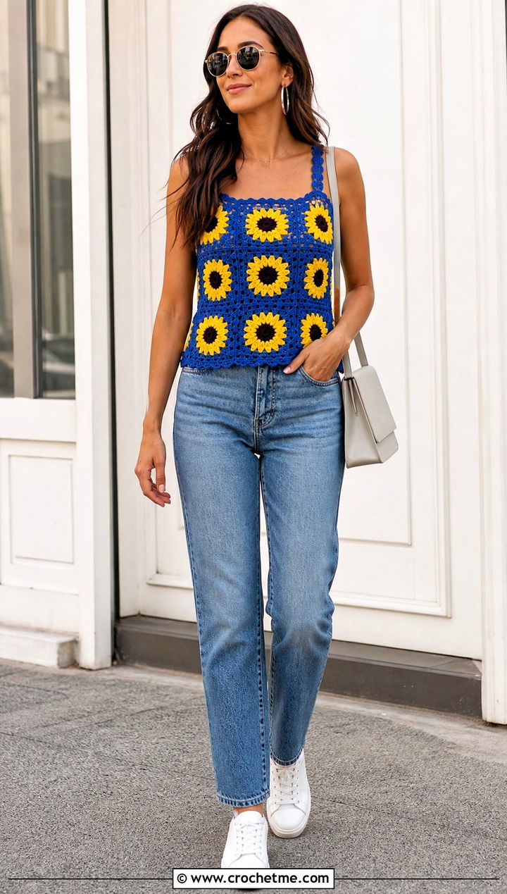 Sunflower Granny Square Tank Top With Straight Leg Jeans - 15 crochet sunflower tank top outfit ideas