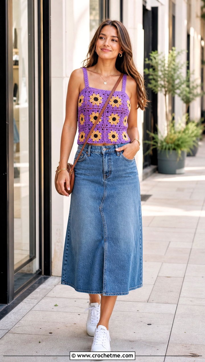 Sunflower Granny Square Tie Back Top With Denim Midi Skirt - 30 Sunflower Granny Square Top outfit ideas