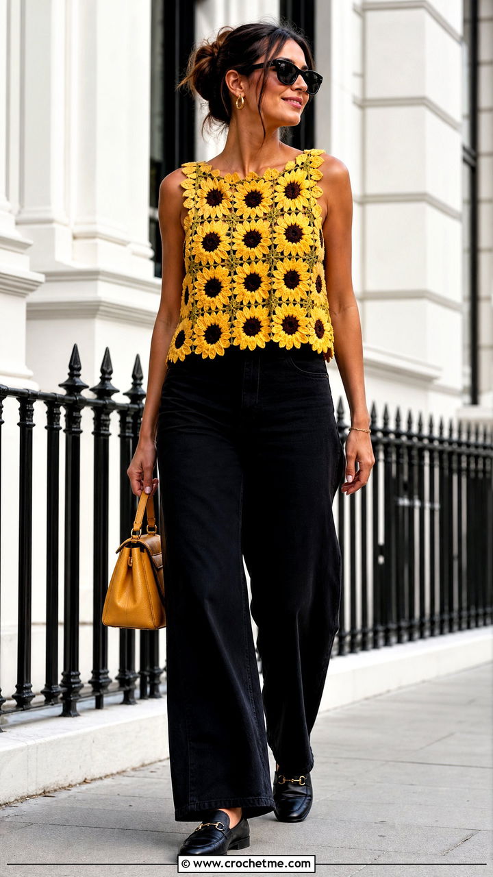 Sunflower Granny Square Top With Black Jeans - 35 crochet granny square top outfit ideas