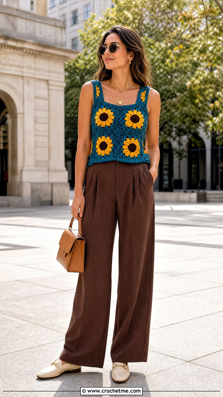 Sunflower Granny Square Top With Brown Trousers - 35 crochet granny square tops outfit ideas