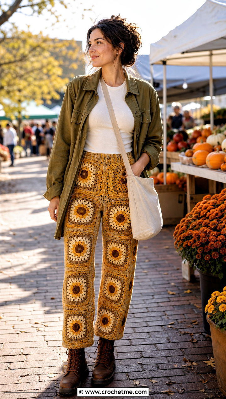 Sunflower Granny Square Trousers With Utility Jacket - 35 granny square trousers outfit ideas