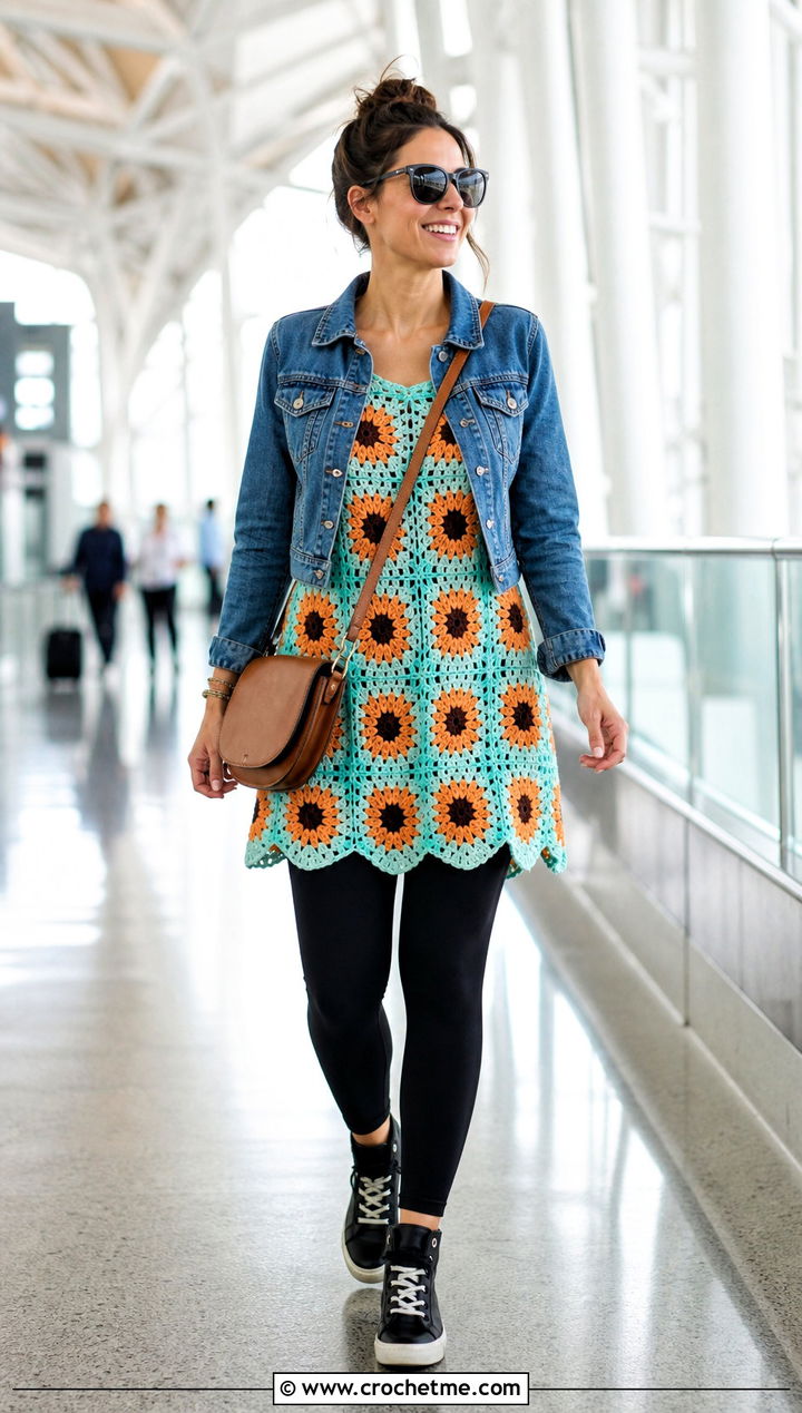 Sunflower Granny Square Tunic Top With Leggings - 30 Sunflower Granny Square Top outfit ideas