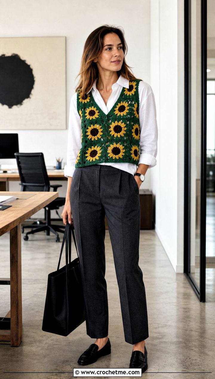 Sunflower Granny Square Vest Top With Tailored Trousers - 30 Sunflower Granny Square Top outfit ideas