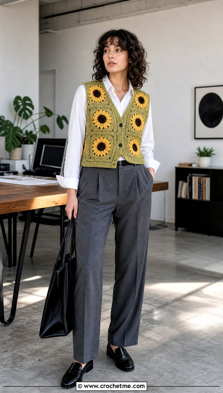 Sunflower Granny Square Vest With A White Shirt And Trousers - 15 Crochet Granny Square Vest outfit ideas