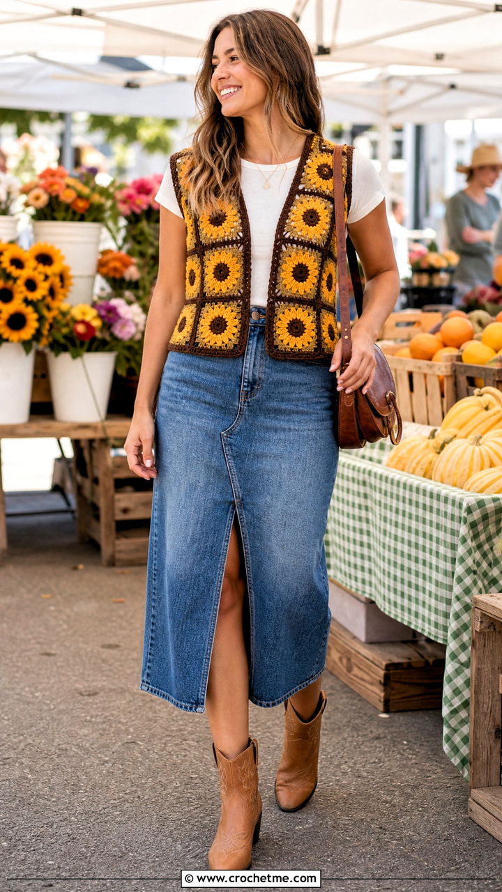 Sunflower Granny Square Vest With Denim Midi Skirt - 35 granny square vest outfit ideas