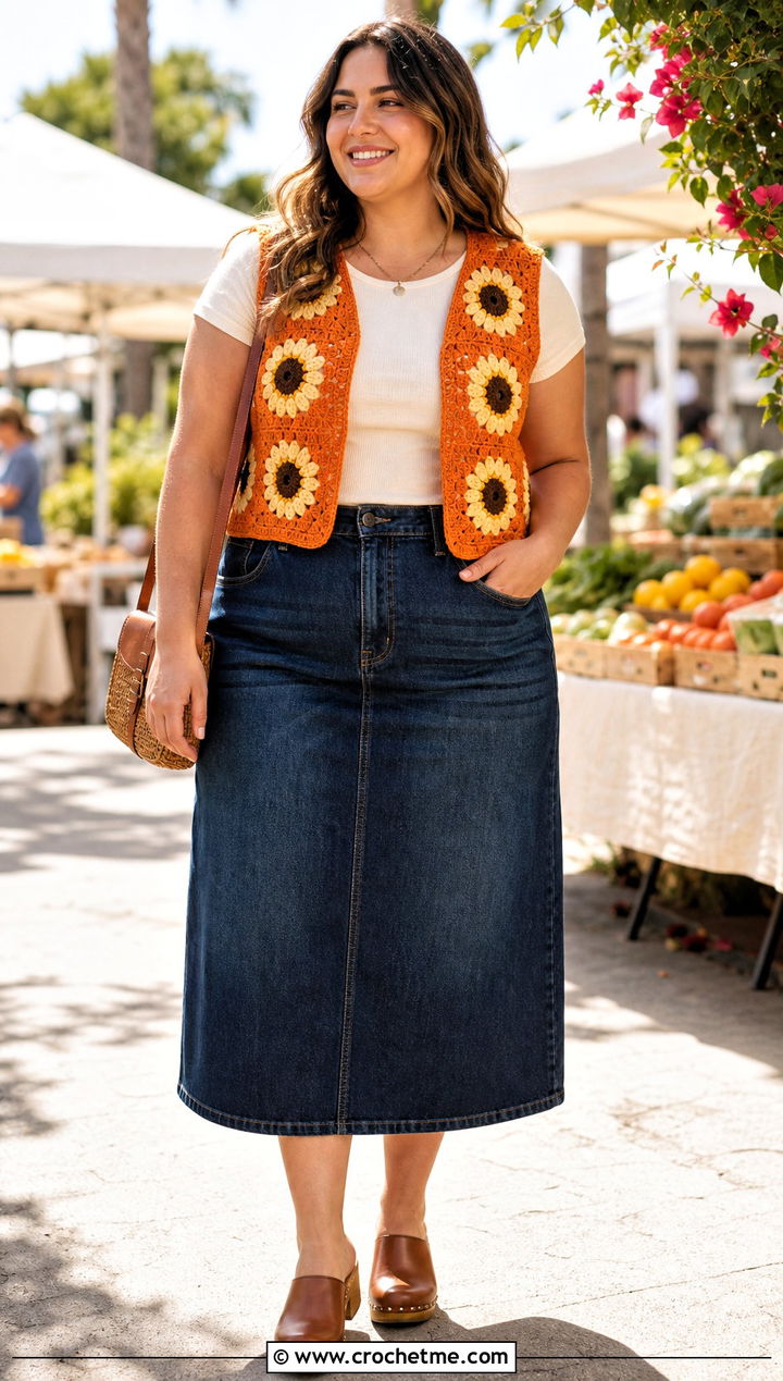 Sunflower Granny Square Vest With Denim Skirt - 25 Granny Squares Vest outfit ideas