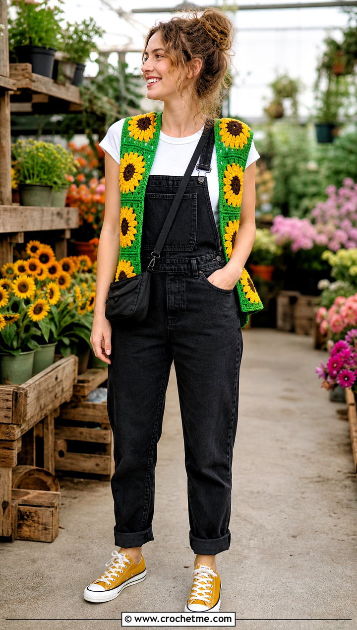 Sunflower Granny Square Waistcoat With Black Overalls - 35 granny square waistcoat outfit ideas