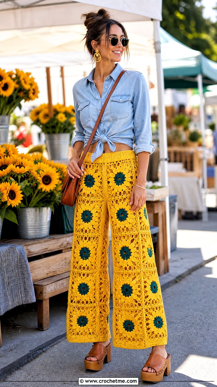 Sunflower Granny Square Wide Leg Pants With Denim Shirt And Clogs - 35 crochet granny square pants outfit ideas