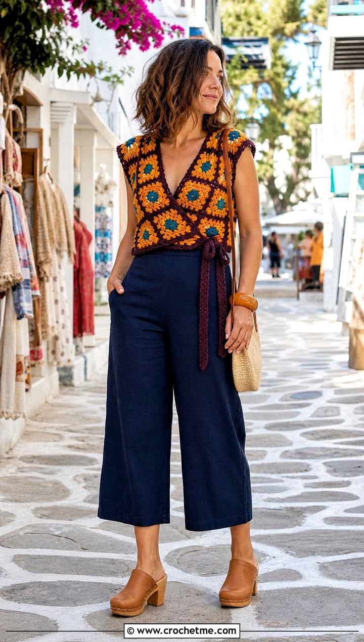 Sunflower Granny Square Wrap Top With Culottes - 30 Sunflower Granny Square Top outfit ideas