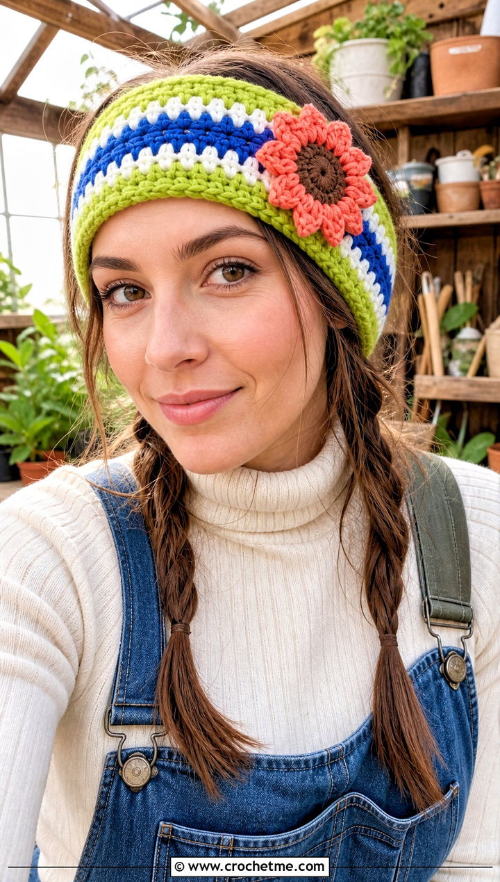 Sunflower Granny Stripe Headband With Overalls - 25 Crochet Sunflower Headband outfit ideas
