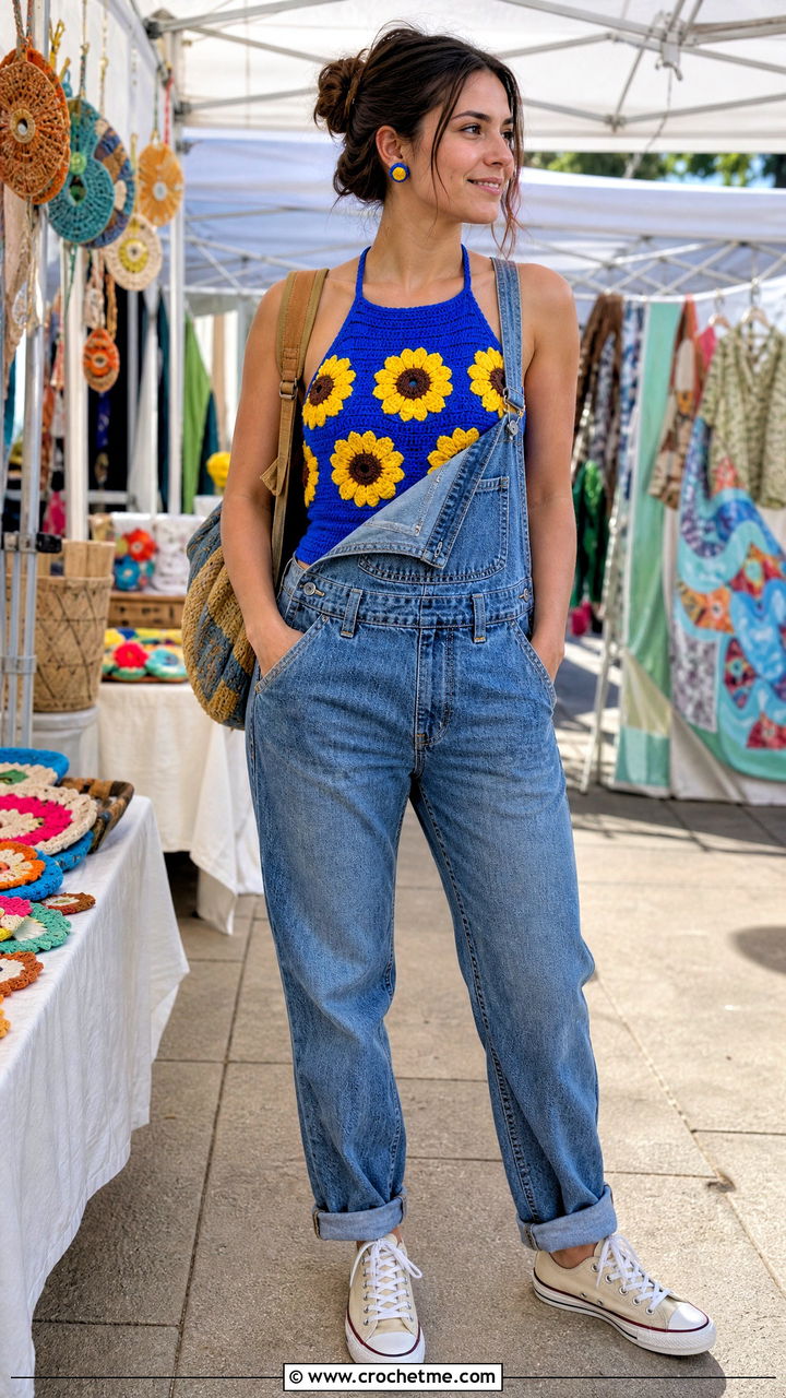 Sunflower Halter Crochet Top With Denim Overalls - 35 halter crochet top outfit ideas