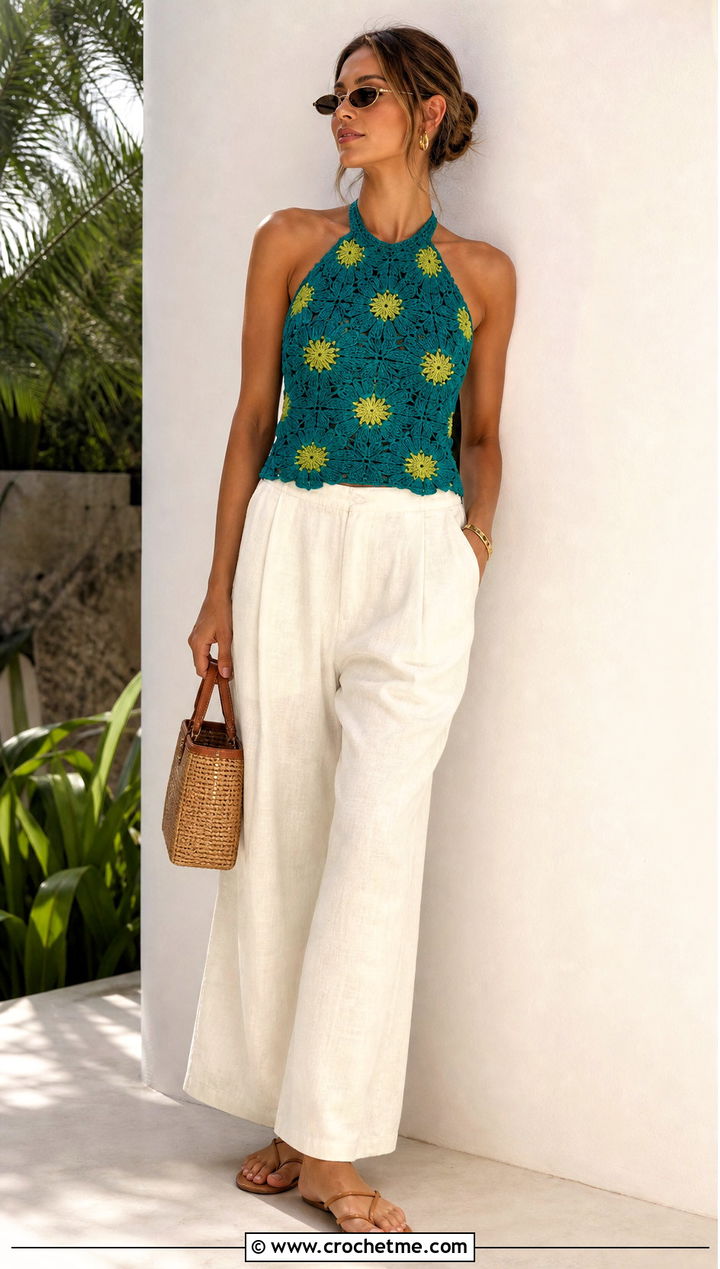 Sunflower Halter Top With Linen Trousers - 35 crochet sunflower top outfit ideas