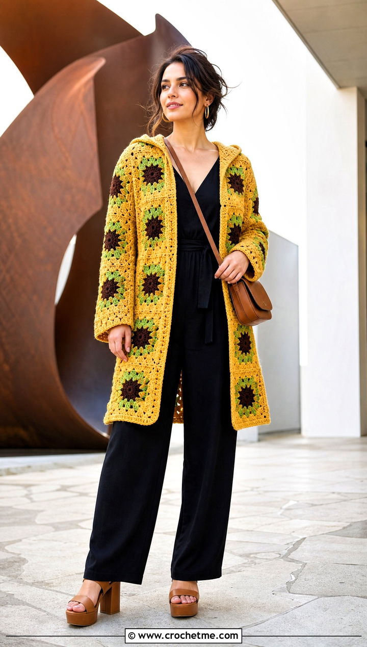 Sunflower Hooded Granny Square Cardigan With Black Jumpsuit - 30 granny square cardigan with hood outfit ideas