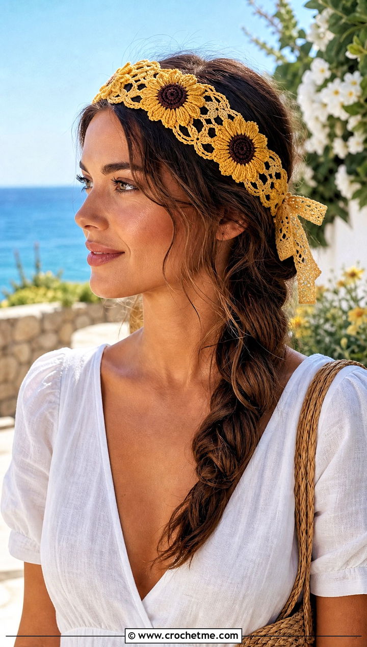 Sunflower Lace Crochet Flower Headband With Linen Dress - 15 crochet flower headband on lace background outfit ideas