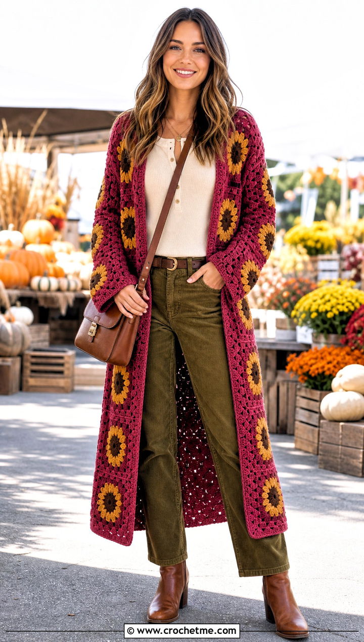 Sunflower Long Granny Square Cardigan With Corduroy Pants - 35 long granny square cardigan outfit ideas