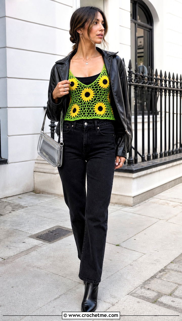 Sunflower Mesh Tank Top With Leather Jacket - 15 crochet sunflower tank top outfit ideas