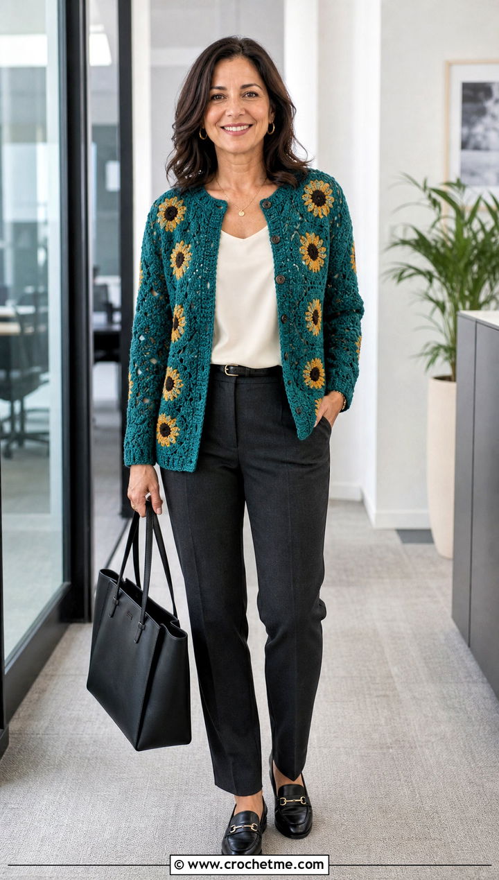 Sunflower Motif Cardigan With Tailored Trousers - 30 crochet flowers cardigan outfit ideas