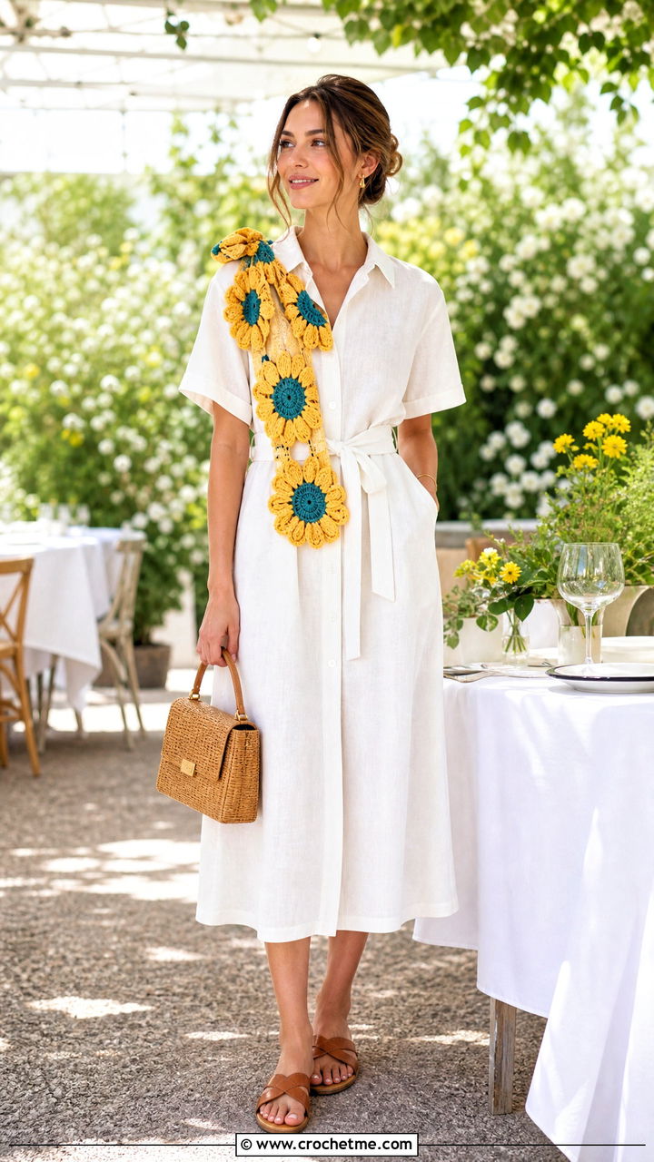 Sunflower Motif Crochet Flower Scarf With Linen Dress And Sandals - 35 crochet flower scarf outfit ideas