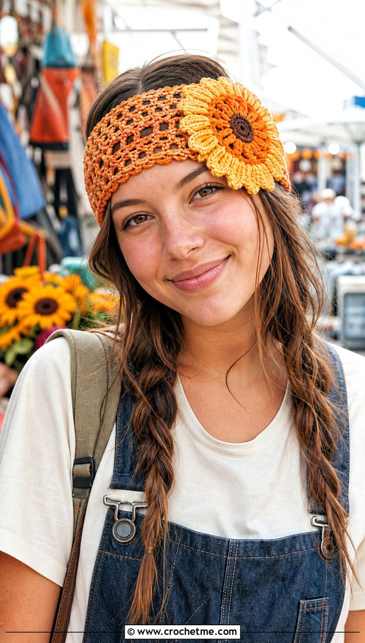 Sunflower Motif Crochet Hippie Headband With Overalls - 25 crochet hippie headband outfit ideas