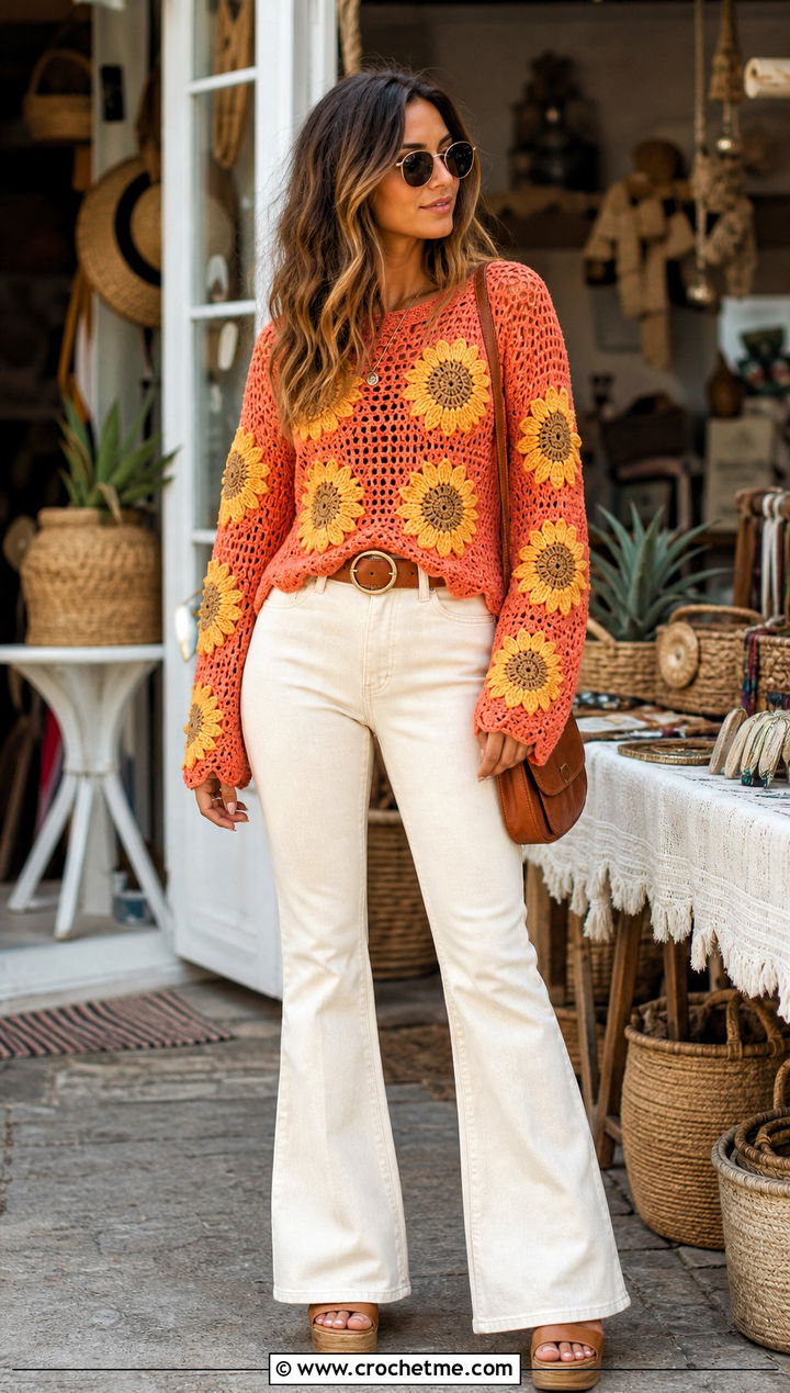 Sunflower Motif Crochet Long Sleeve Top With Flared Jeans - 25 Crochet Flower Top Long Sleeve outfit ideas