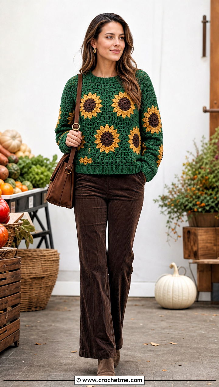 Sunflower Motif Crochet Sweater With Corduroy Pants - 35 crochet sweater with flowers outfit ideas