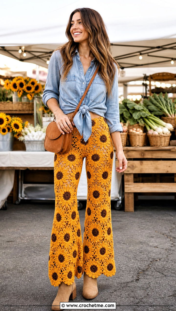 Sunflower Motif Flare Crochet Pants With Chambray Shirt - 25 flare crochet pants outfit ideas