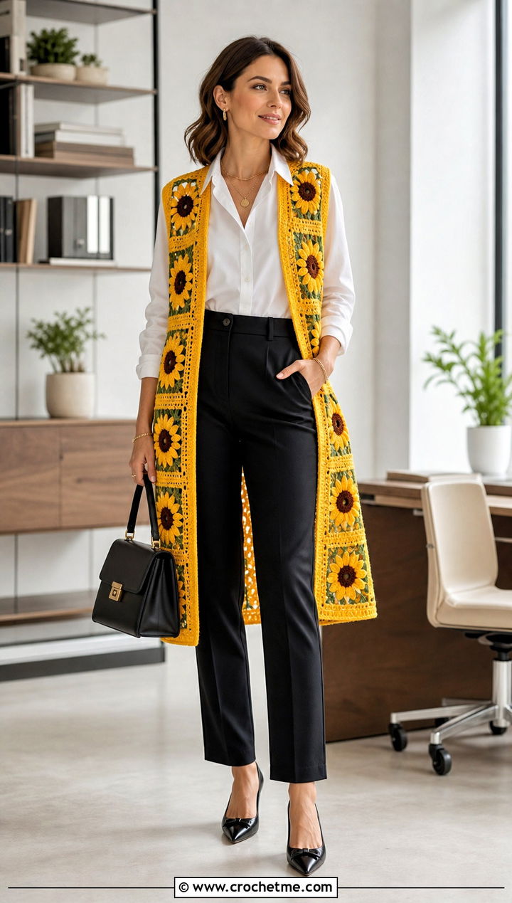 Sunflower Motif Granny Square Long Vest With Shirt And Trousers - 20 Granny Square Long Vest outfit ideas