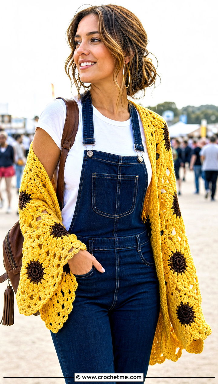 Sunflower Motif Shawl With Overalls - 15 Crochet Flower Shawl outfit ideas