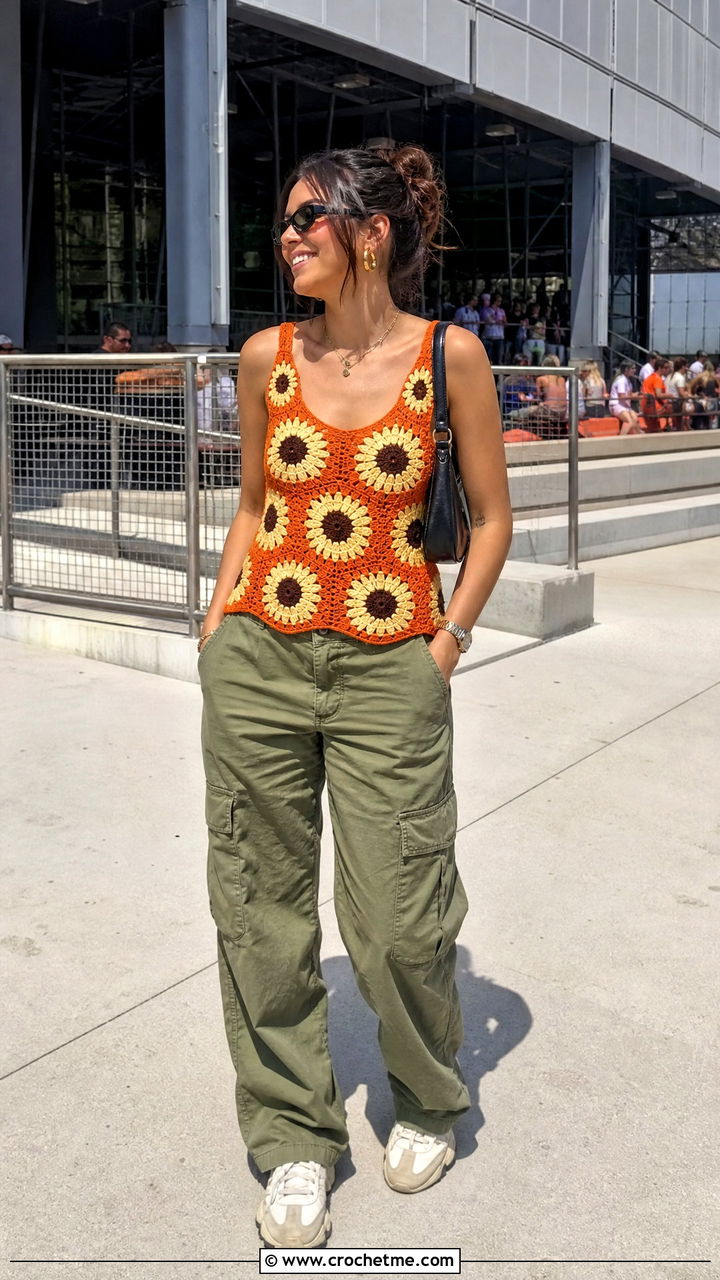 Sunflower Motif Tank Top With Cargo Pants - 35 crochet flower tank top outfit ideas