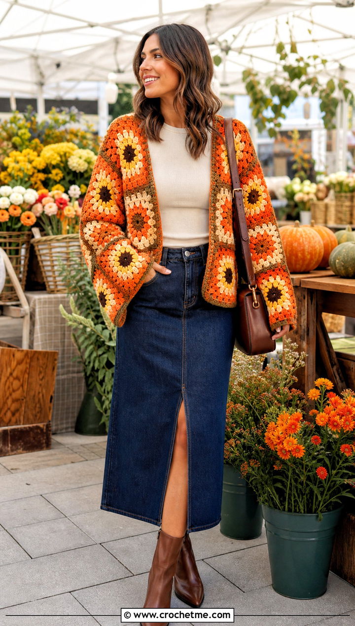 Sunflower Oversized Granny Square Cardigan With Denim Midi Skirt - 25 Oversized Granny Square Cardigan outfit ideas