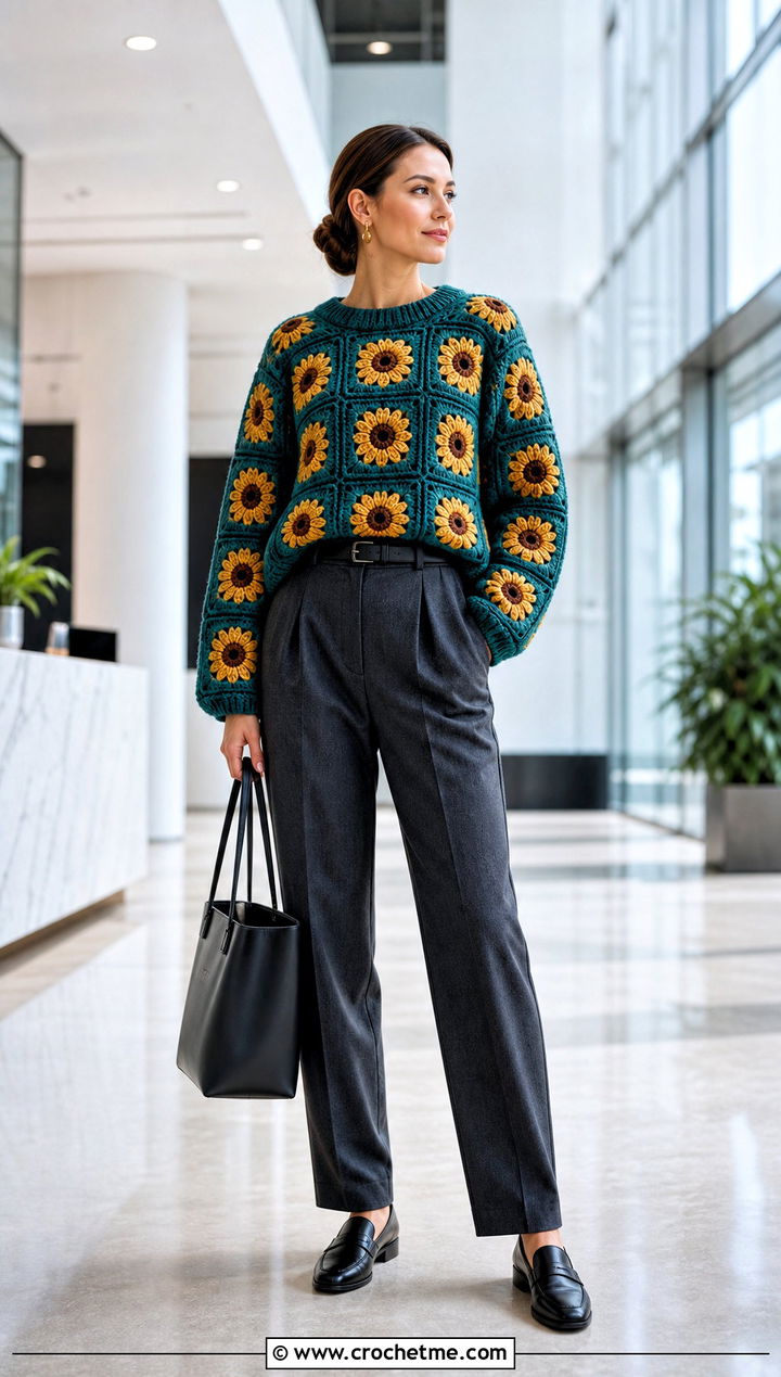 Sunflower Oversized Granny Square Sweater With Tailored Trousers - 15 Crochet Oversized Granny Square Sweater outfit ideas