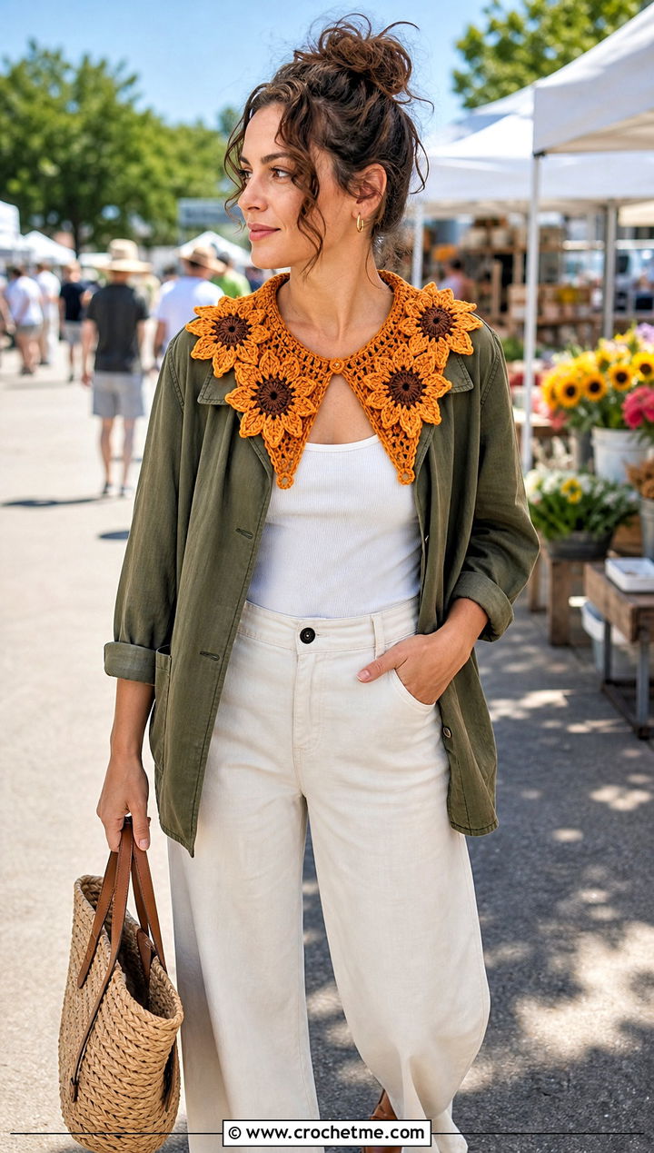 Sunflower Pointed Collar With Utility Jacket - 15 handmade floral crochet collar outfit ideas