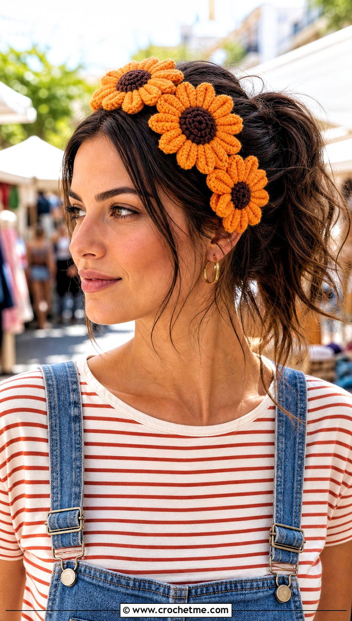 Sunflower Puff Flower Headband With Denim Overalls - 25 crochet puff flower headband outfit ideas