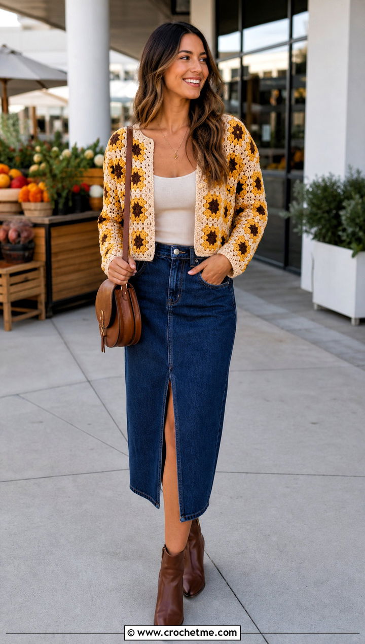 Sunflower Small Granny Square Cardigan With Denim Midi Skirt - 25 Small Granny Square Cardigan outfit ideas