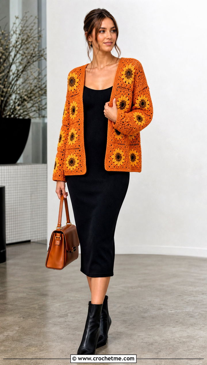 Sunflower Square Cardigan With Black Column Dress - 30 crochet square cardigan outfit ideas