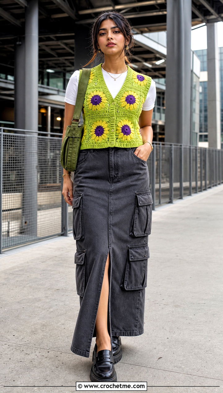 Sunflower Sweater Vest Top With Cargo Maxi Skirt - 35 crochet sunflower top outfit ideas