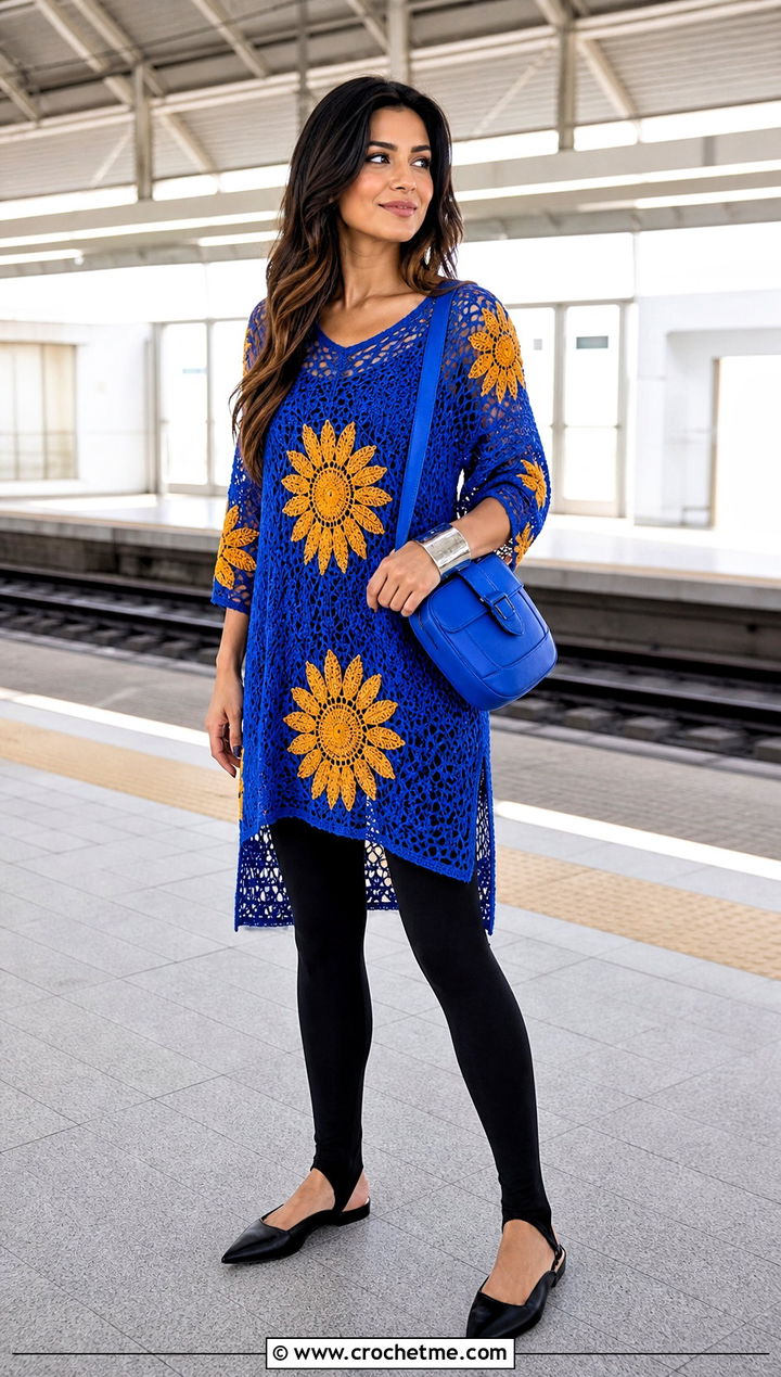Sunflower Tunic Top With Stirrup Leggings - 35 crochet sunflower top outfit ideas