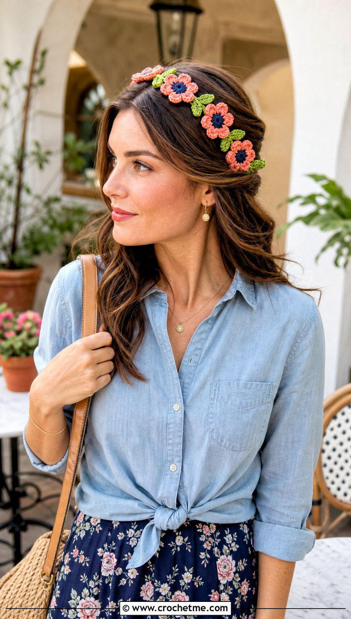 Sunflower Vine Headband With Floral Midi Skirt - 25 Crochet Sunflower Headband outfit ideas