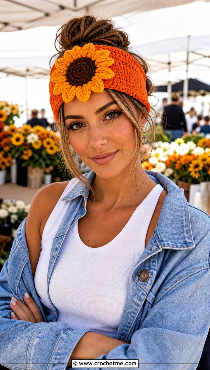 Sunflower Wide Headband With Denim Jacket And Maxi Skirt - 30 crochet headband with flower outfit ideas