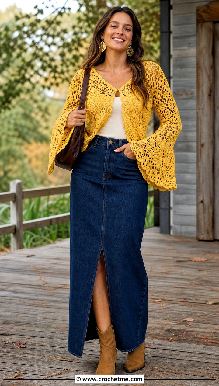 Sunflower Yellow Bell Sleeve Lace Crochet Sweater With Denim Maxi Skirt - 15 Yellow Lace Crochet Sweater outfit ideas