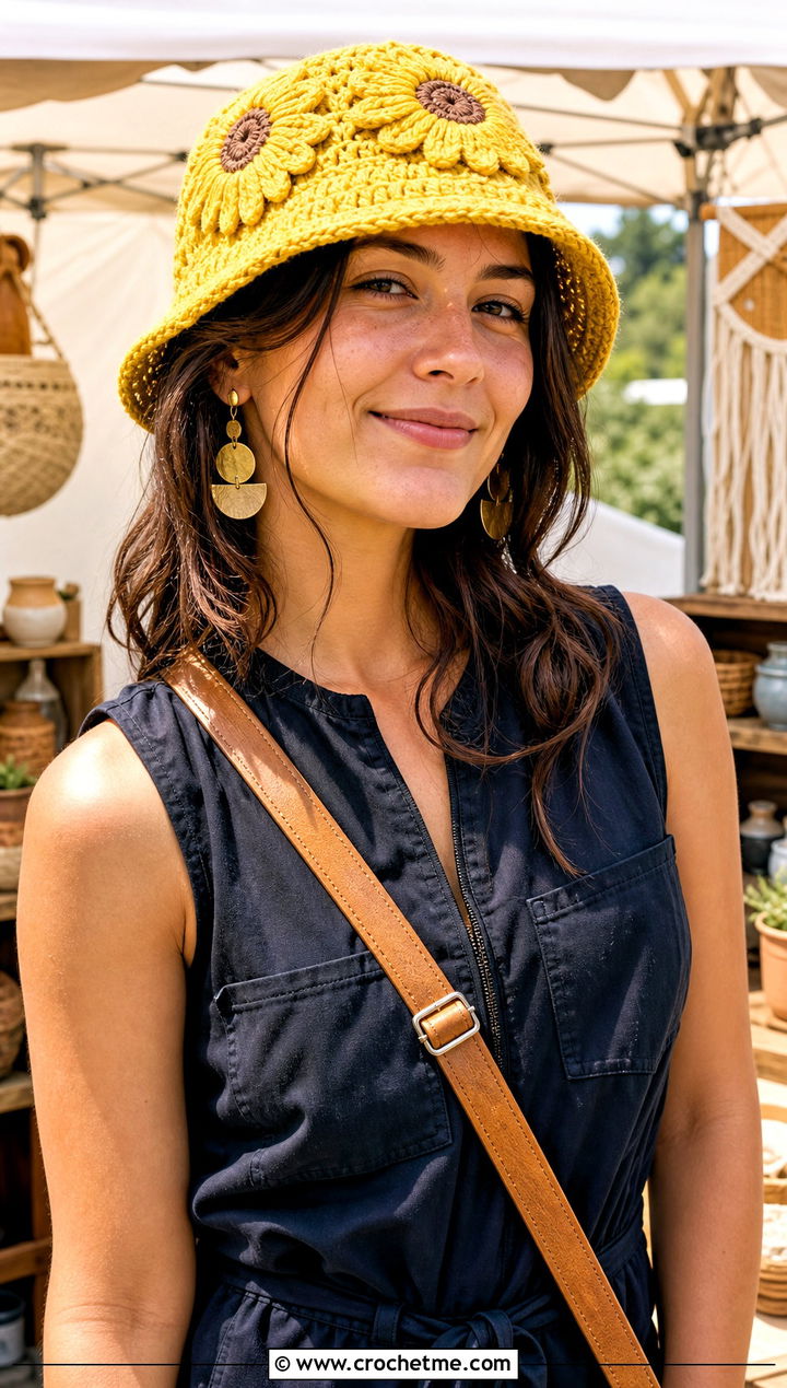 Sunflower Yellow Crochet Bucket Hat With Black Jumpsuit - 30 yellow crochet bucket hat outfit ideas