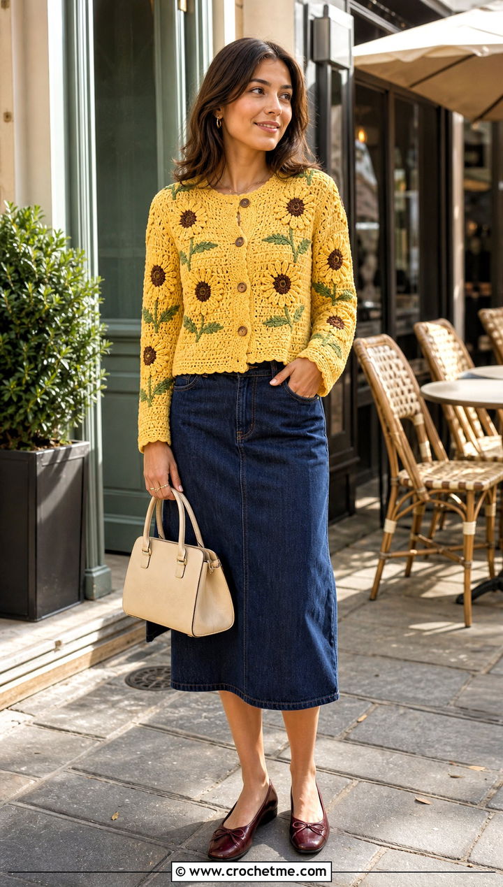 Sunflower Yellow Crochet Cardigan Sweater With Denim Midi Skirt - 30 Crochet Yellow Sweater outfit ideas